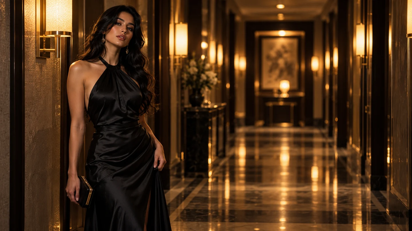 A cinematic scene in a warm hotel hallway